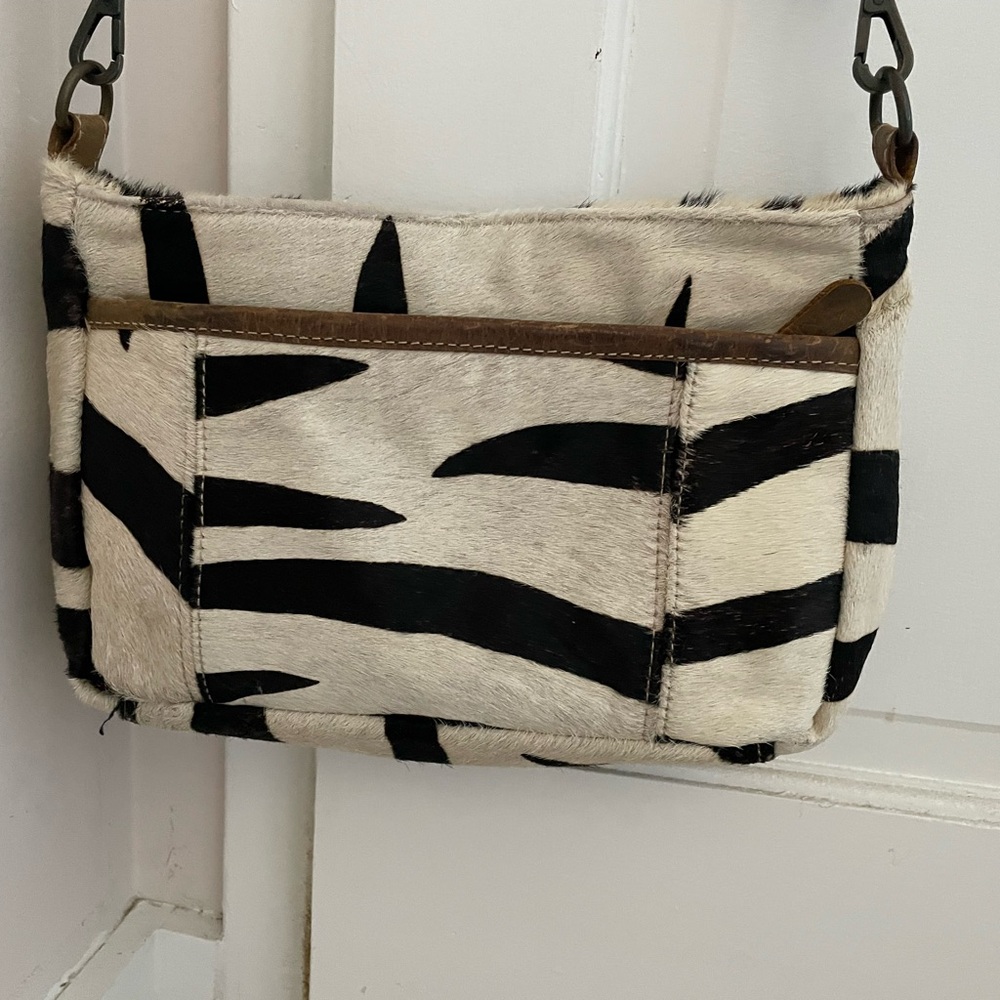 Myra jungle Jim zebra striped leather crossbody purse